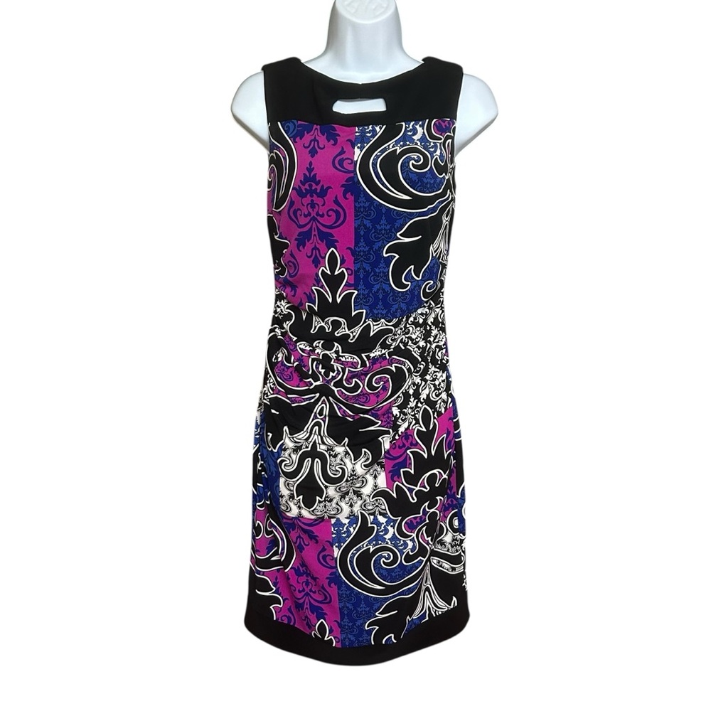 Joseph Ribkoff Ruched Side Sleeveless Mixed Pattern Dress Size 4